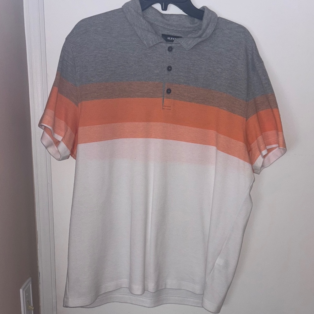 Alfani Men's Polo Shirt with Gray, Orange, and White Stripes